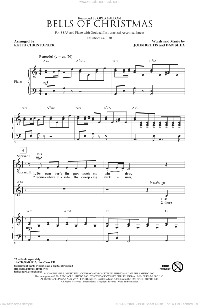 Bells Of Christmas sheet music for choir (SSA: soprano, alto) by John Bettis, Dan Shea, Keith Christopher and Orla Fallon, intermediate skill level