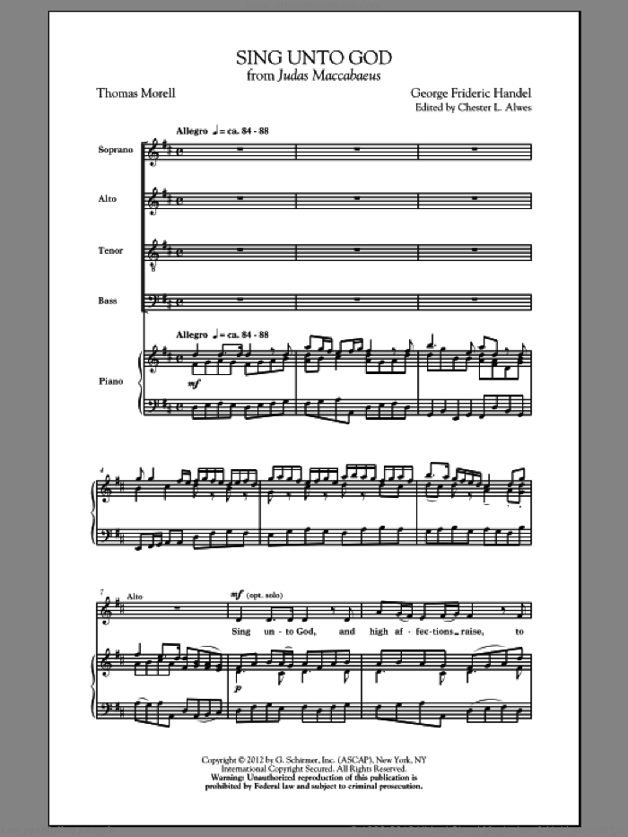 Sing Unto God sheet music for choir (SATB: soprano, alto, tenor, bass) by George Frideric Handel and Chester Alwes, classical score, intermediate skill level