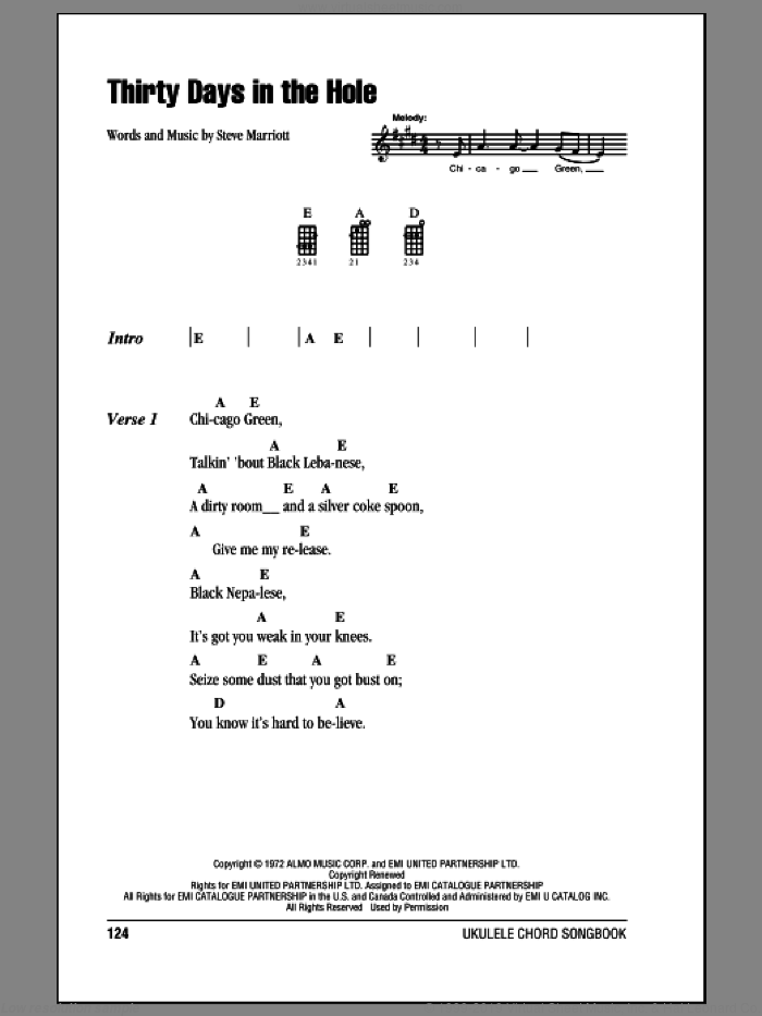 Thirty Days In The Hole sheet music for ukulele (chords) by Humble Pie and Steve Marriott, intermediate skill level