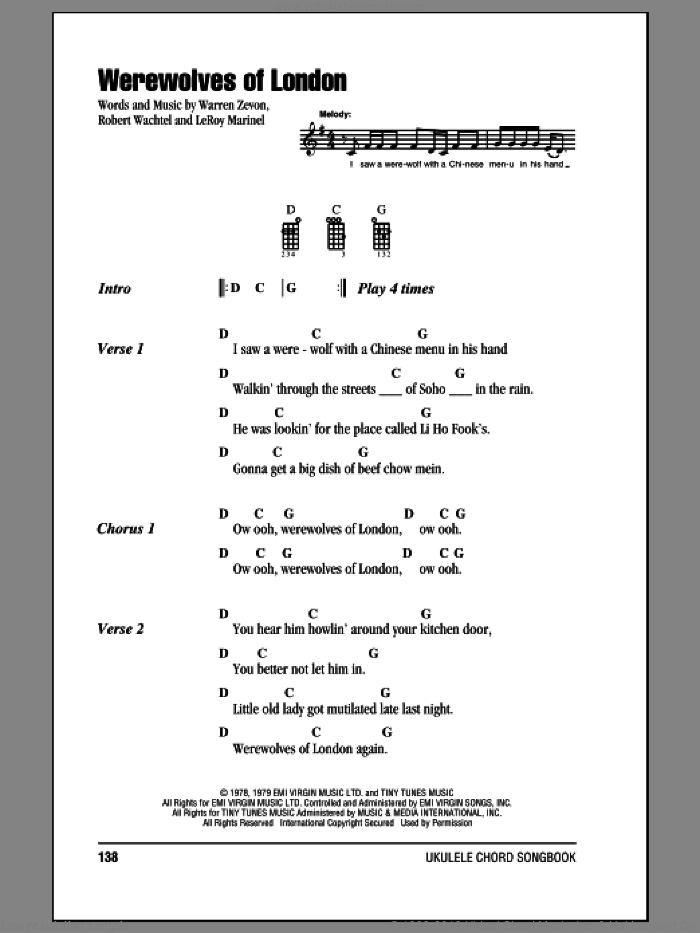 Werewolves Of London sheet music for ukulele (chords) by Warren Zevon, LeRoy Marinel and Robert Wachtel, intermediate skill level