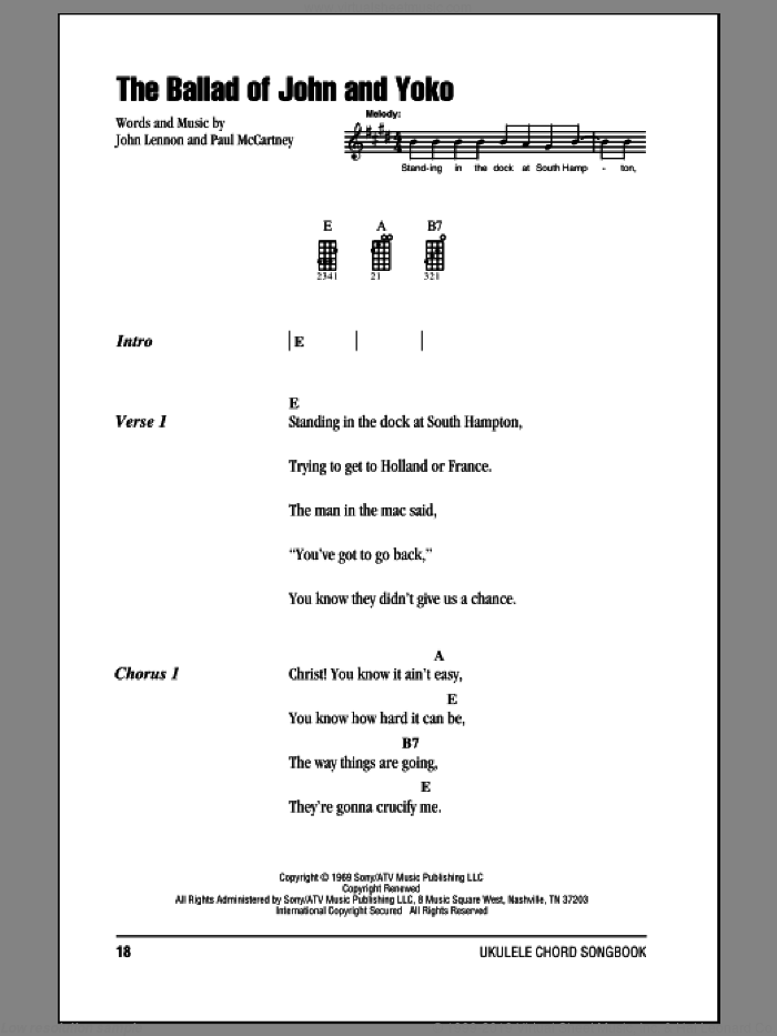 The Ballad Of John And Yoko sheet music for ukulele (chords) by The Beatles, John Lennon and Paul McCartney, intermediate skill level