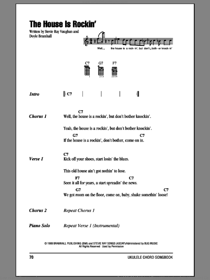 The House Is Rockin' sheet music for ukulele (chords) by Stevie Ray Vaughan and Doyle Bramhall, intermediate skill level