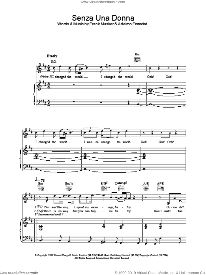 Senza Una Donna (Without A Woman) sheet music for voice, piano or guitar by Zucchero, Paul Young, Adelmo Fornaciari and Frank Musker, intermediate skill level