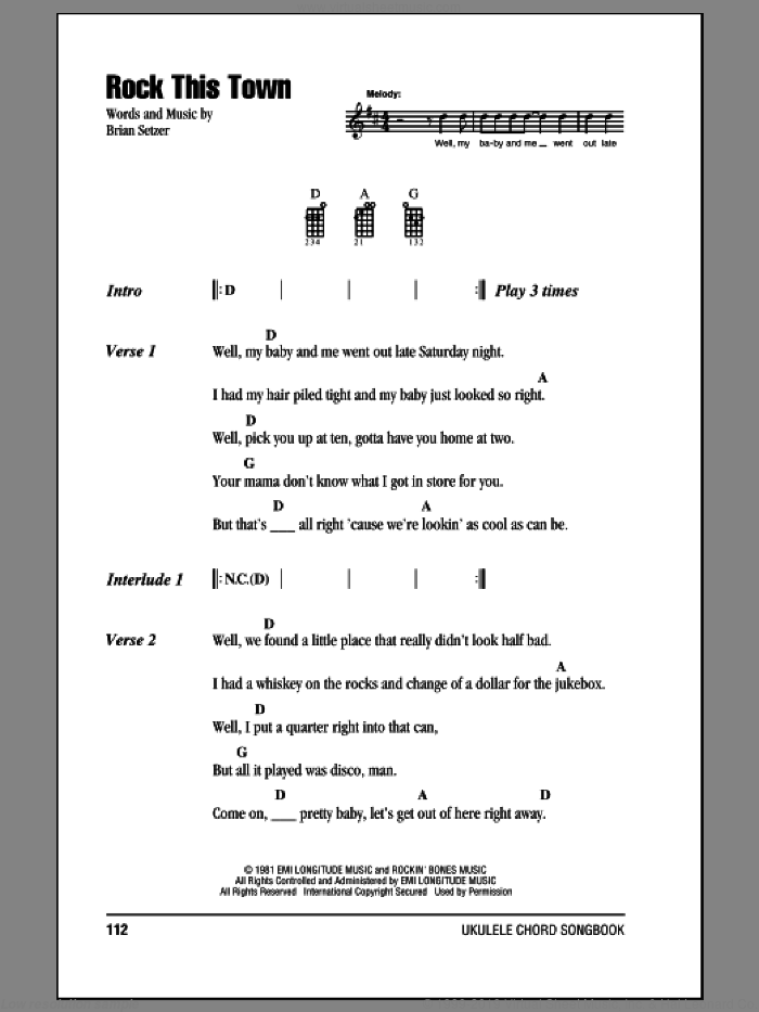 Rock This Town sheet music for ukulele (chords) by Stray Cats and Brian Setzer, intermediate skill level