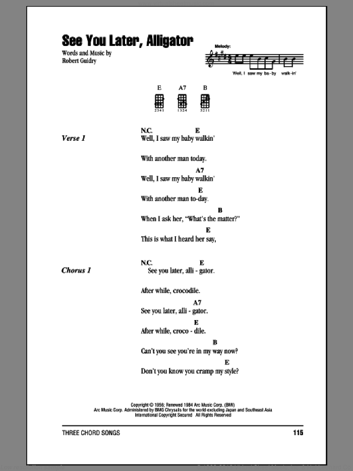 See You Later, Alligator sheet music for ukulele (chords) by Bill Haley & His Comets and Robert Guidry, intermediate skill level