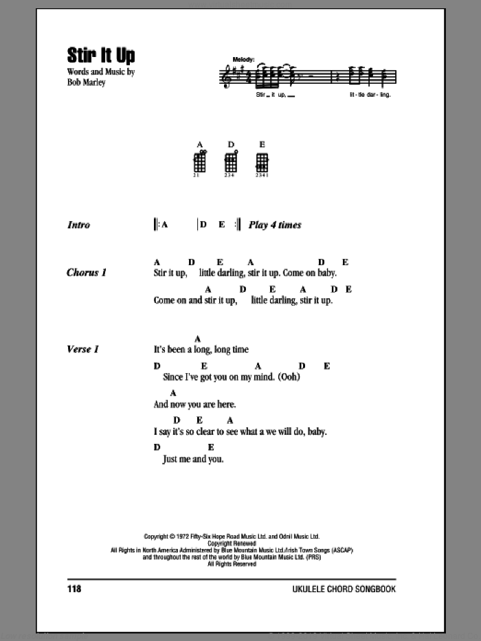 Stir It Up sheet music for ukulele (chords) by Bob Marley, intermediate skill level