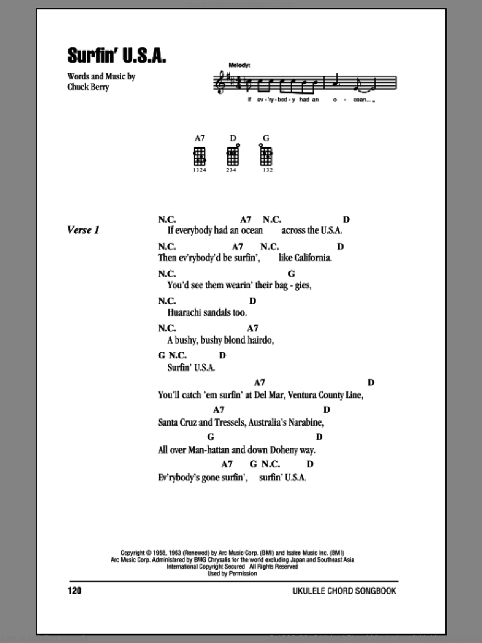 Surfin' U.S.A. sheet music for ukulele (chords) by The Beach Boys and Chuck Berry, intermediate skill level