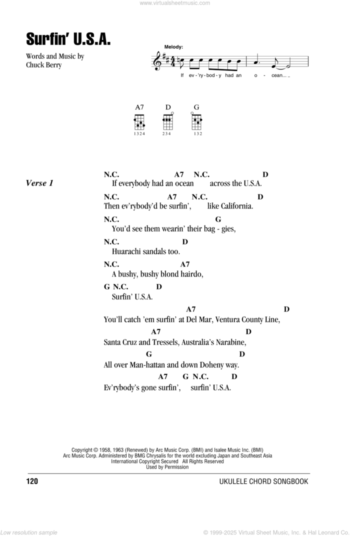 Surfin' U.S.A. sheet music for ukulele (chords) by The Beach Boys and Chuck Berry, intermediate skill level