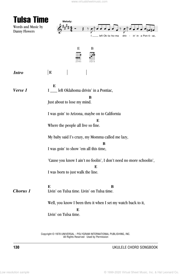 Tulsa Time sheet music for ukulele (chords) by Eric Clapton and Danny Flowers, intermediate skill level