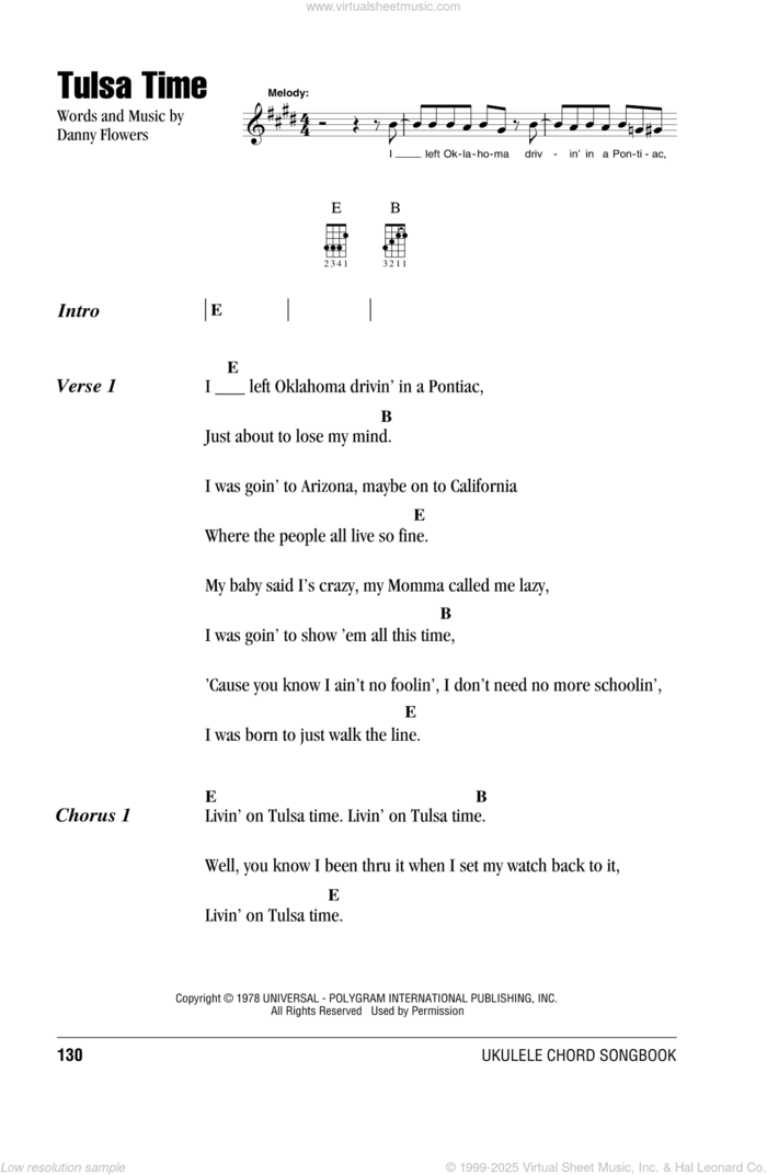 Tulsa Time sheet music for ukulele (chords) by Eric Clapton and Danny Flowers, intermediate skill level