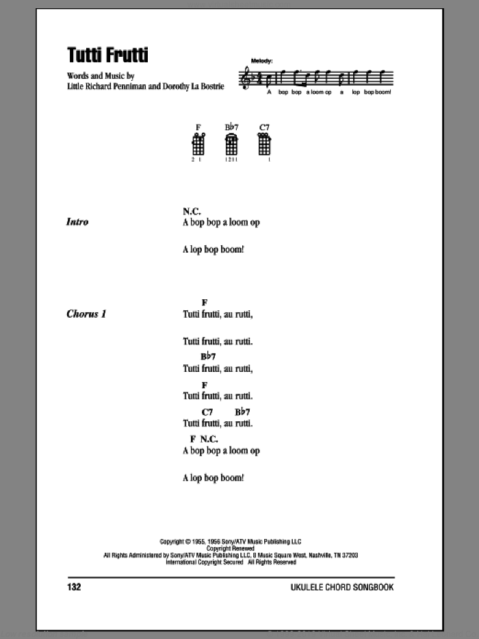 Tutti Frutti sheet music for ukulele (chords) by Little Richard, Dorothy La Bostrie and Richard Penniman, intermediate skill level