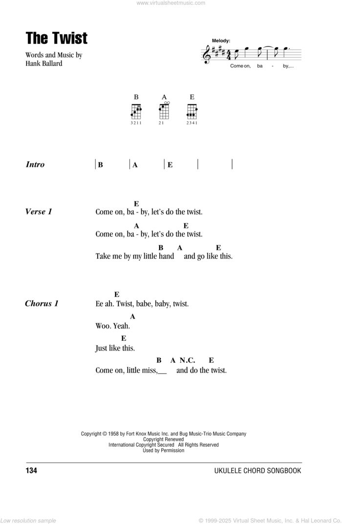 The Twist sheet music for ukulele (chords) by Chubby Checker and Hank Ballard, intermediate skill level