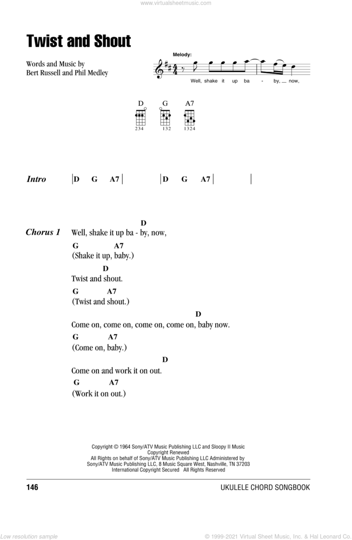 Twist And Shout sheet music for ukulele (chords) by The Beatles, Bert Russell and Phil Medley, intermediate skill level