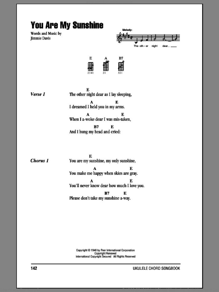 You Are My Sunshine sheet music for ukulele (chords) by Jimmie Davis and Duane Eddy, intermediate skill level
