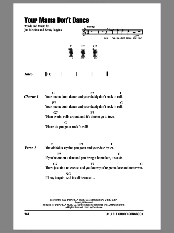 Your Mama Don't Dance sheet music for ukulele (chords) by Loggins And Messina, Jim Messina and Kenny Loggins, intermediate skill level