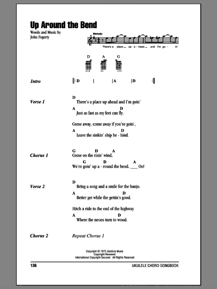Up Around The Bend sheet music for ukulele (chords) by Creedence Clearwater Revival and John Fogerty, intermediate skill level
