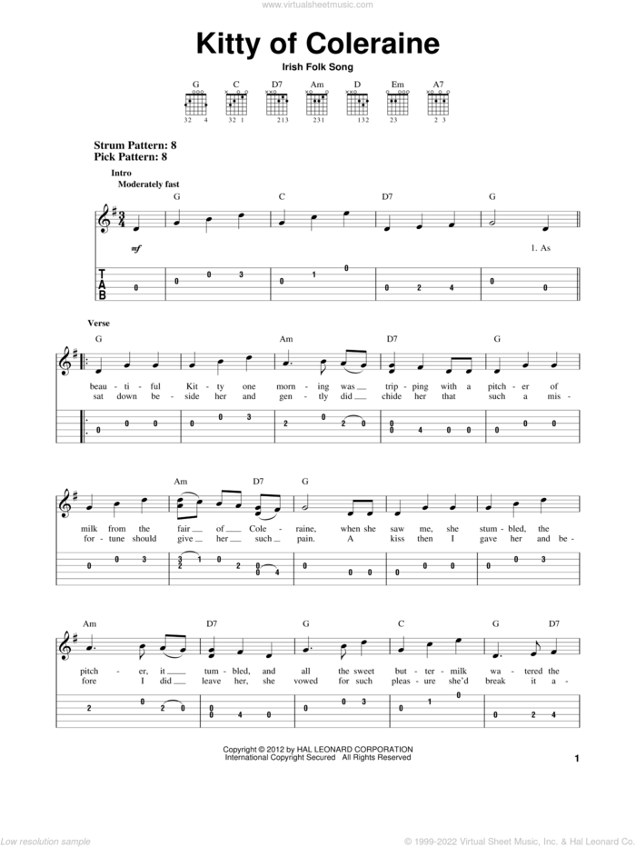 Kitty Of Coleraine sheet music for guitar solo (easy tablature), easy guitar (easy tablature)