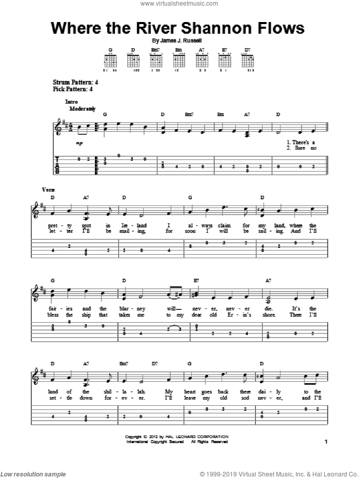 Where The River Shannon Flows sheet music for guitar solo (easy tablature) by James J. Russell, easy guitar (easy tablature)