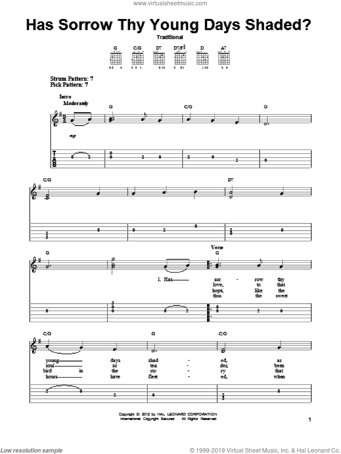 Has Sorrow Thy Young Days Shaded? sheet music for guitar solo (easy tablature), easy guitar (easy tablature)