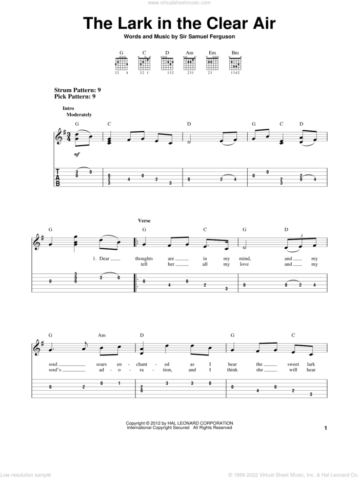 The Lark In The Clear Air sheet music for guitar solo (easy tablature) by Sir Samuel Ferguson, easy guitar (easy tablature)