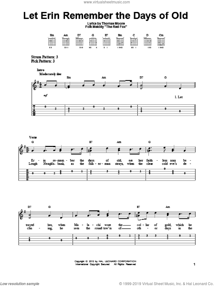 Let Erin Remember The Days Of Old sheet music for guitar solo (easy tablature) by Thomas Moore, easy guitar (easy tablature)