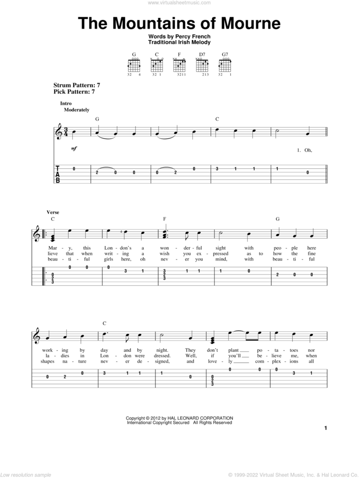 The Mountains Of Mourne sheet music for guitar solo (easy tablature) by Percy French, easy guitar (easy tablature)