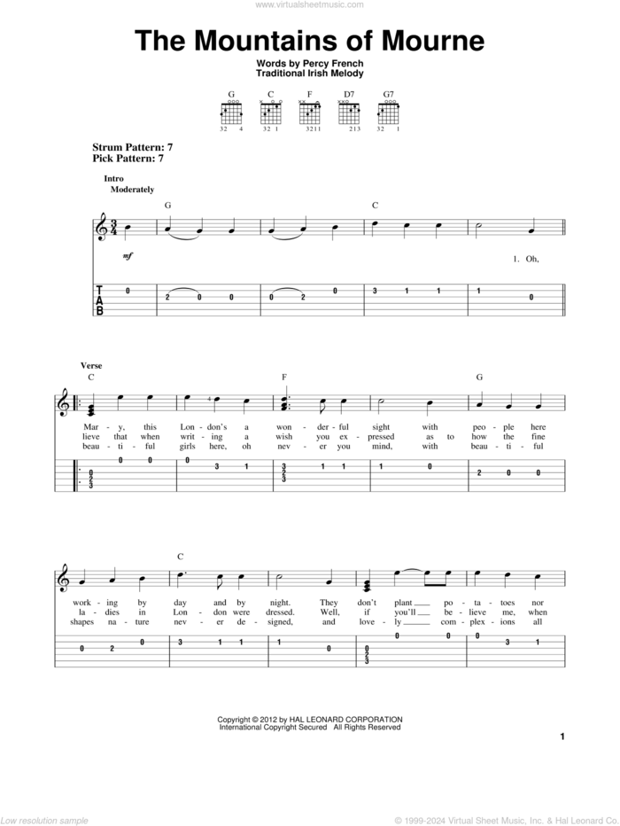 The Mountains Of Mourne sheet music for guitar solo (easy tablature) by Percy French, easy guitar (easy tablature)