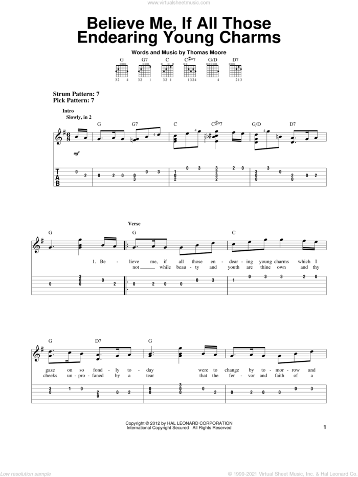 Believe Me, If All Those Endearing Young Charms sheet music for guitar solo (easy tablature) by Thomas Moore, easy guitar (easy tablature)