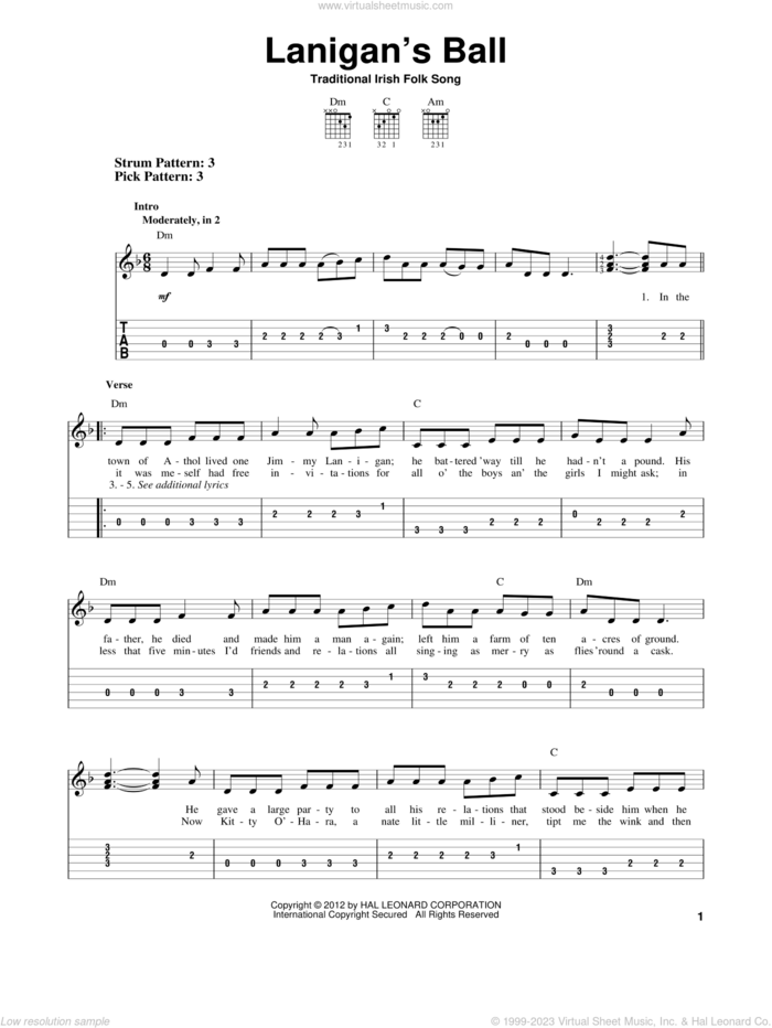 Lanigan's Ball sheet music for guitar solo (easy tablature), easy guitar (easy tablature)