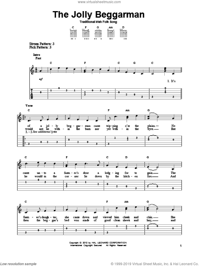 The Jolly Beggarman sheet music for guitar solo (easy tablature), easy guitar (easy tablature)