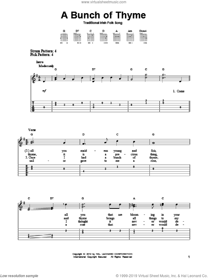A Bunch Of Thyme sheet music for guitar solo (easy tablature) by Traditional Irish Folksong, easy guitar (easy tablature)