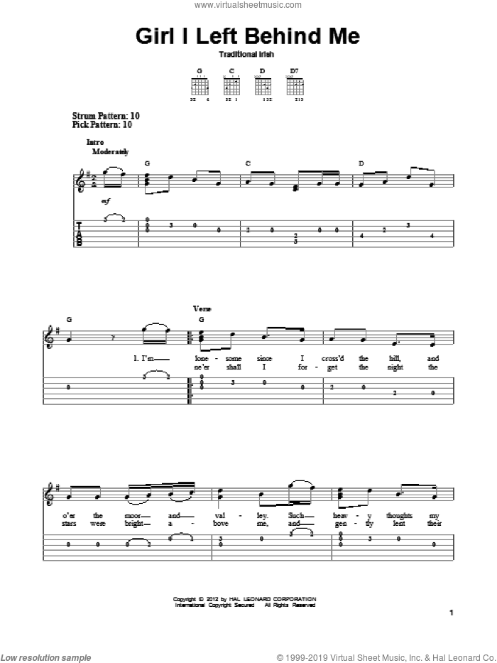 Girl I Left Behind Me sheet music for guitar solo (easy tablature) by Traditional Irish, easy guitar (easy tablature)
