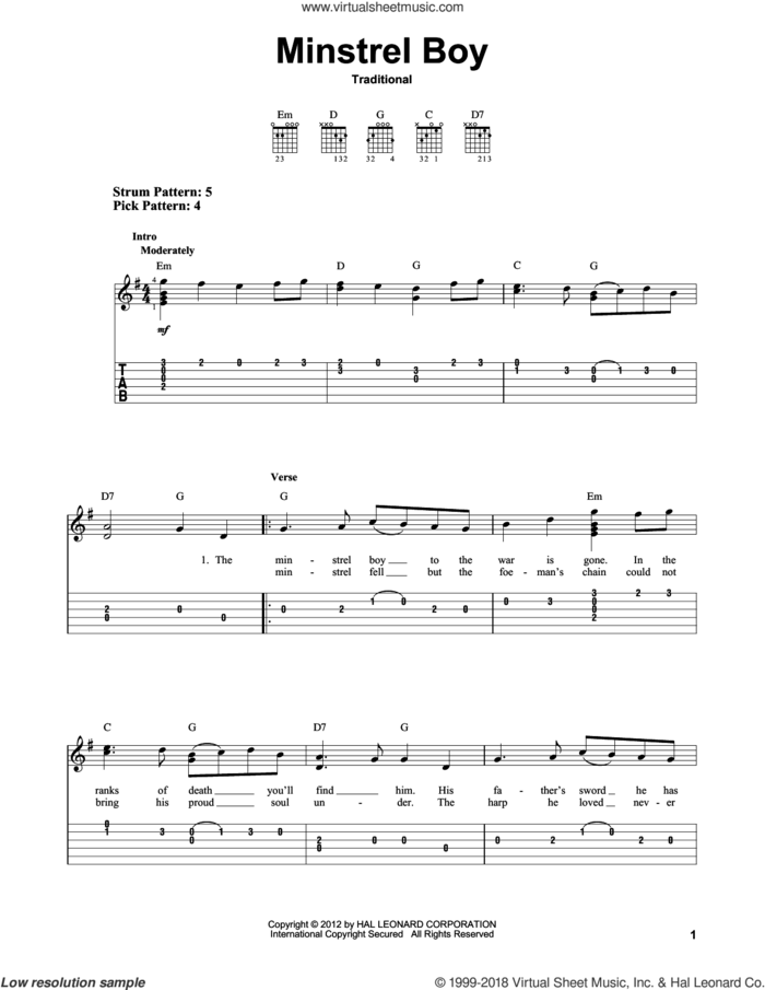 Minstrel Boy sheet music for guitar solo (easy tablature), easy guitar (easy tablature)