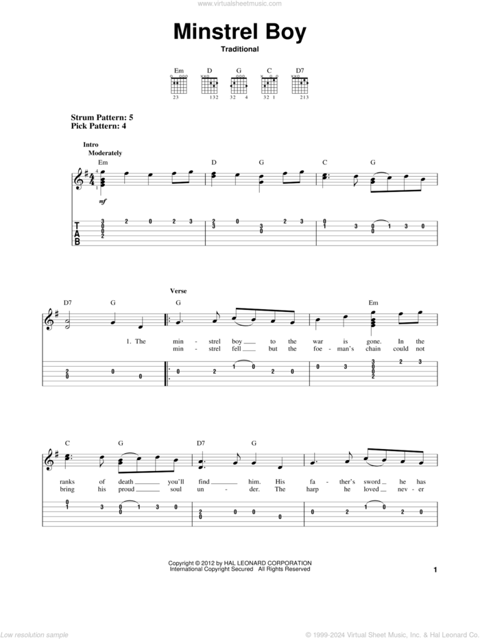 Minstrel Boy sheet music for guitar solo (easy tablature), easy guitar (easy tablature)