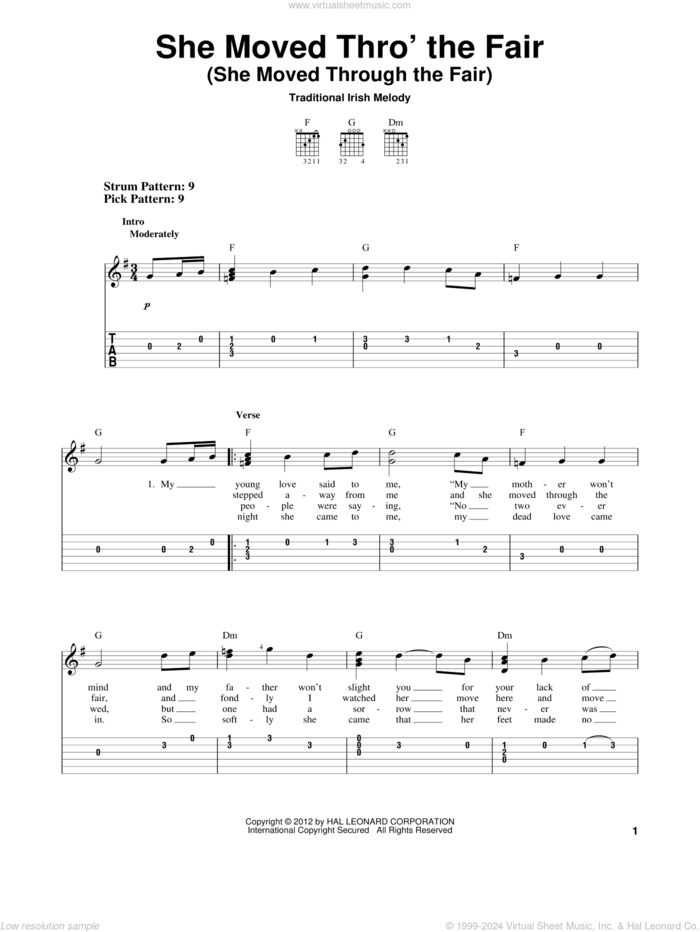 She Moved Thro' The Fair (She Moved Through The Fair) sheet music for guitar solo (easy tablature) by Traditional Irish, easy guitar (easy tablature)