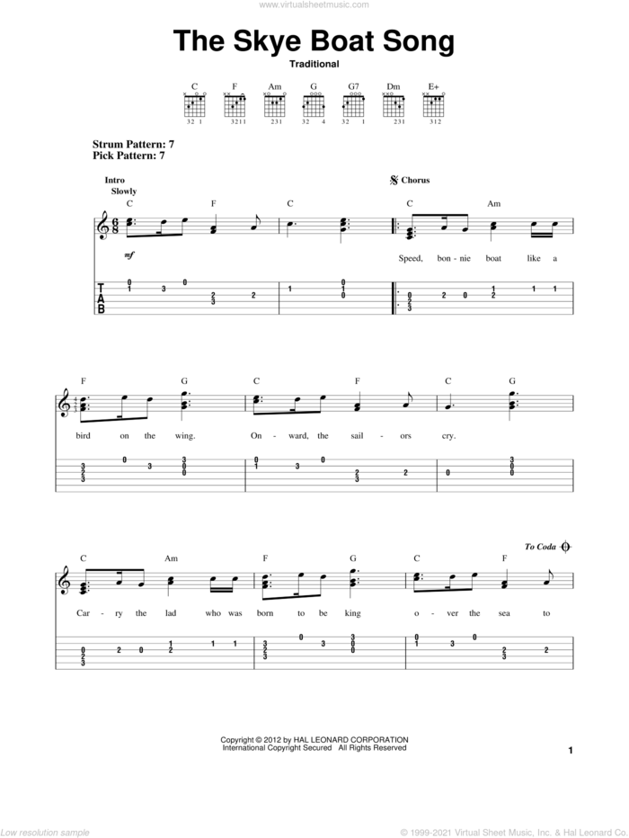 The Skye Boat Song (arr. Mark Phillips) sheet music for guitar solo (easy tablature), easy guitar (easy tablature)
