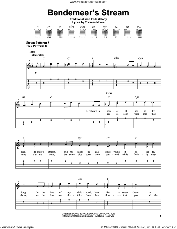 Bendemeer's Stream sheet music for guitar solo (easy tablature) by Thomas Moore and Miscellaneous, easy guitar (easy tablature)