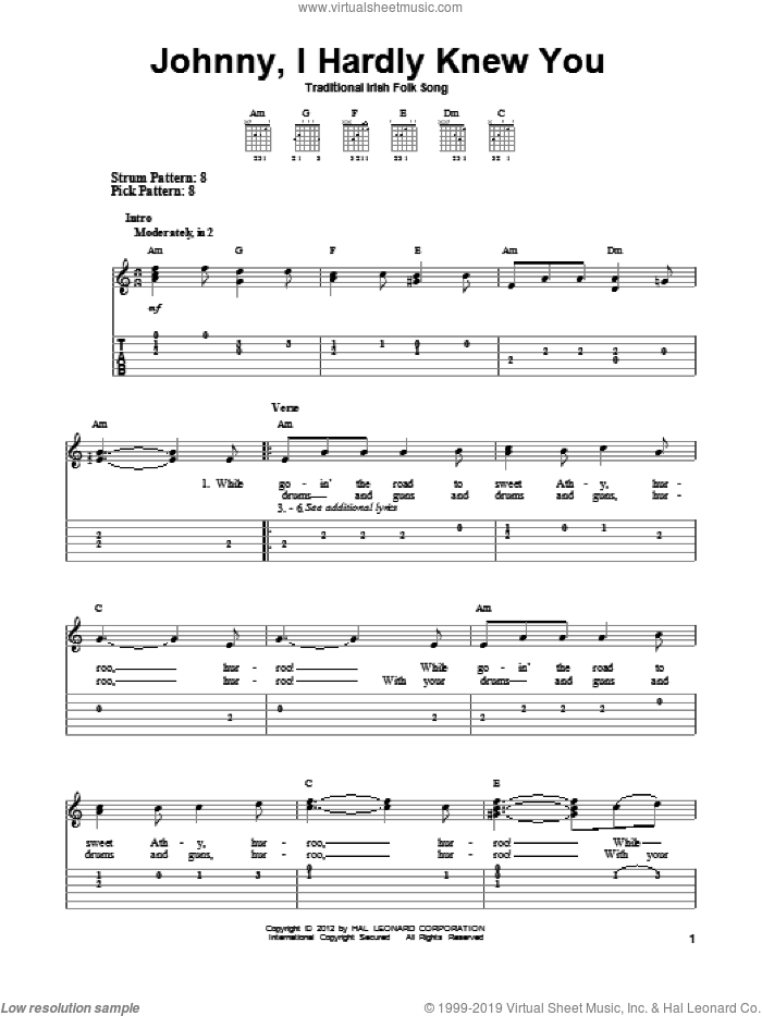 Johnny, I Hardly Knew You sheet music for guitar solo (easy tablature), easy guitar (easy tablature)