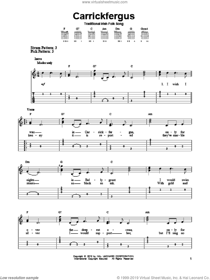 Carrickfergus sheet music for guitar solo (easy tablature), easy guitar (easy tablature)