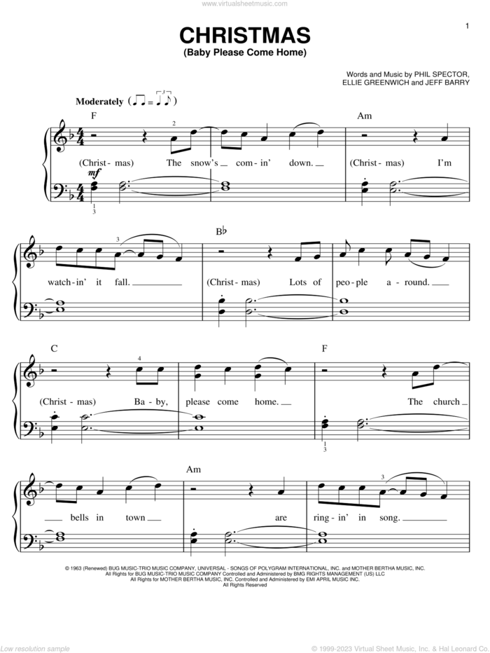 Christmas (Baby Please Come Home) sheet music for piano solo by Michael Buble, Ellie Greenwich, Jeff Barry and Phil Spector, easy skill level