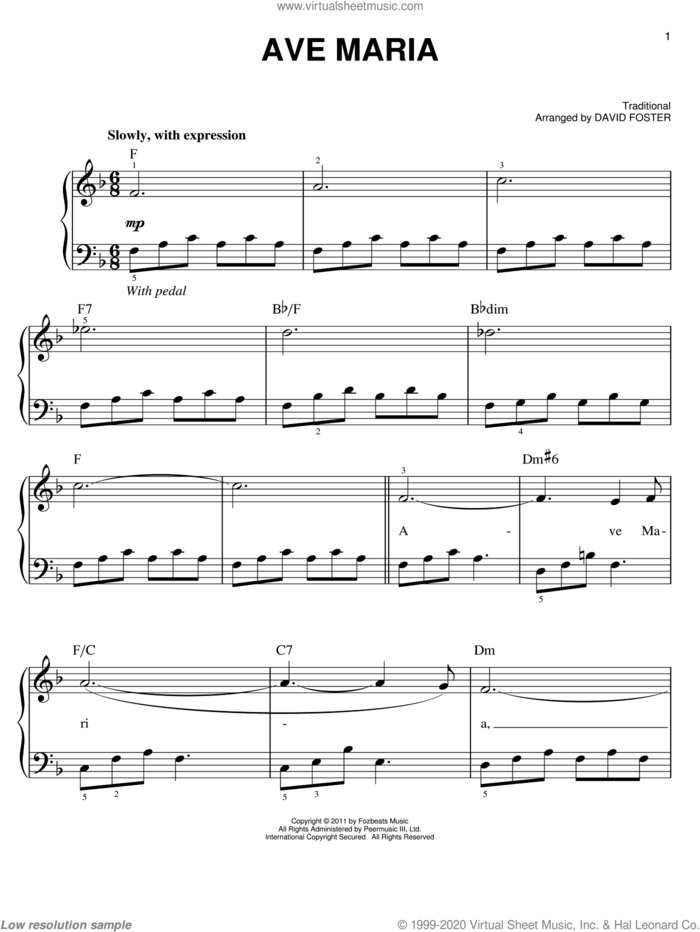 Ave Maria sheet music for piano solo by Michael Buble and David Foster, easy skill level