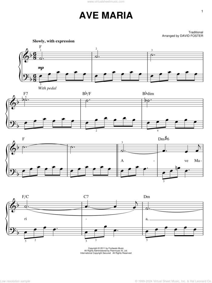 Ave Maria sheet music for piano solo by Michael Buble and David Foster, easy skill level