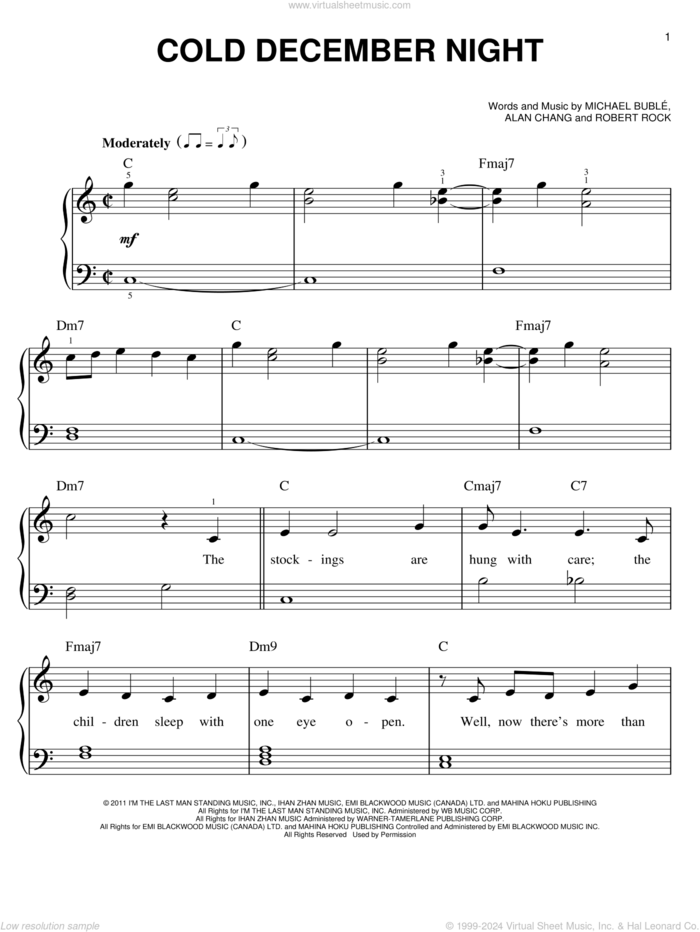 Cold December Night sheet music for piano solo by Michael Buble, Alan Chang and Robert Rock, easy skill level