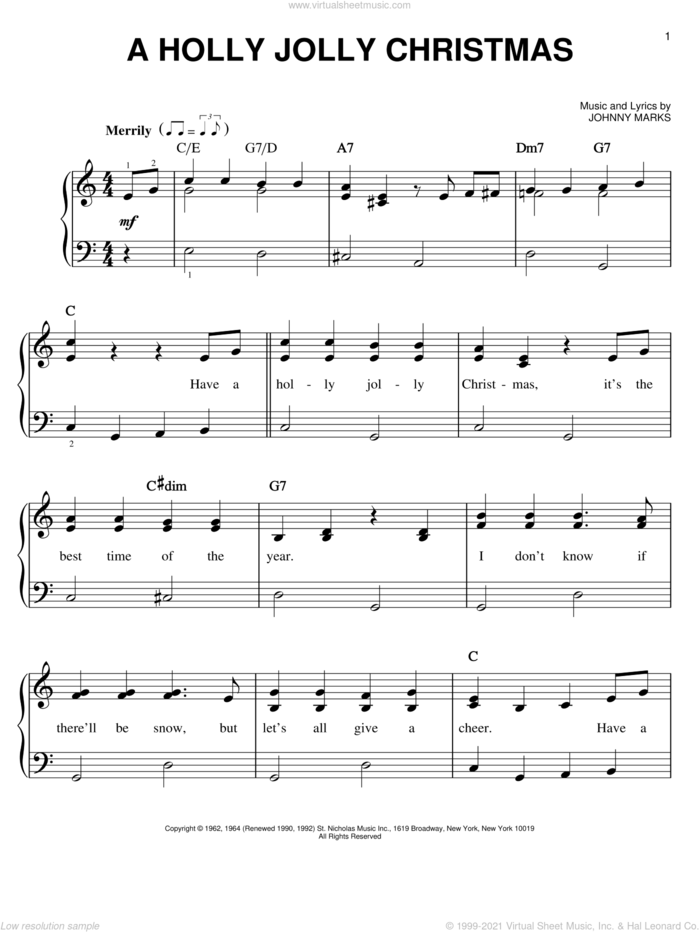 A Holly Jolly Christmas sheet music for piano solo by Michael Buble and Johnny Marks, easy skill level