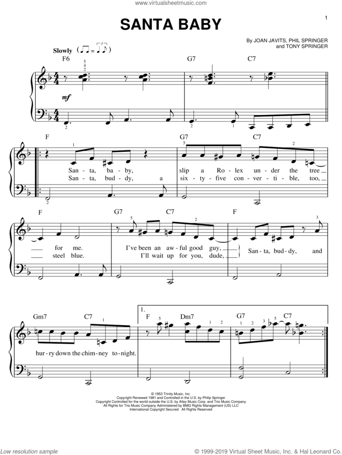Santa Baby sheet music for piano solo by Michael Buble, Joan Javits, Phil Springer and Tony Springer, easy skill level