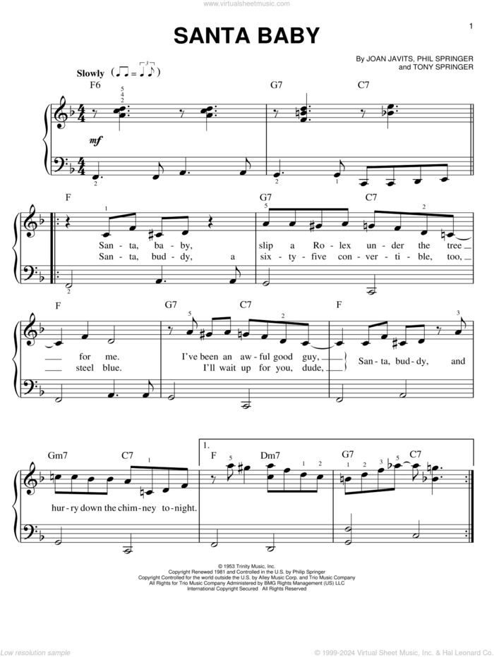 Santa Baby sheet music for piano solo by Michael Buble, Joan Javits, Phil Springer and Tony Springer, easy skill level