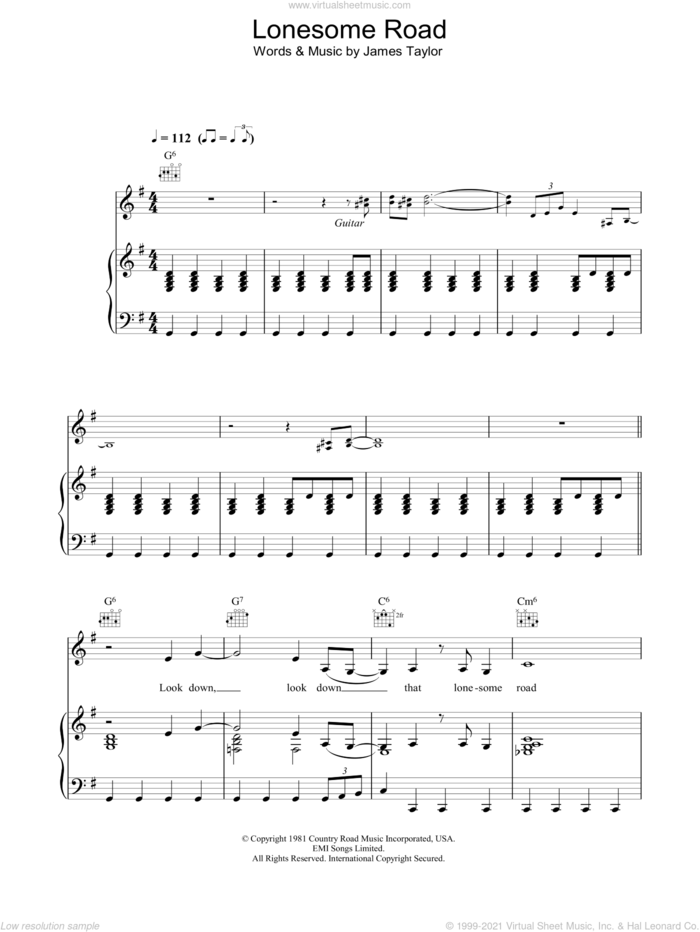 That Lonesome Road sheet music for voice, piano or guitar by Madeleine Peyroux and James Taylor, intermediate skill level