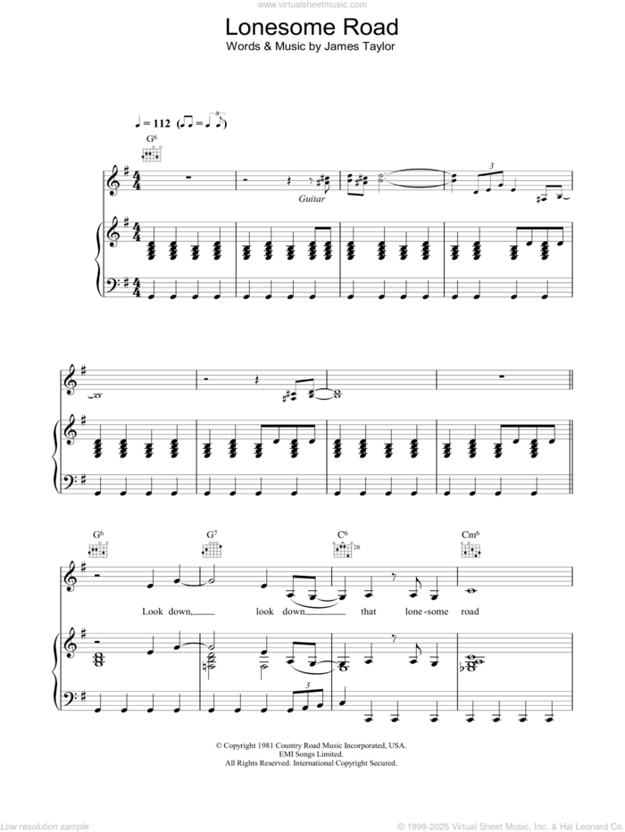 That Lonesome Road sheet music for voice, piano or guitar by Madeleine Peyroux and James Taylor, intermediate skill level