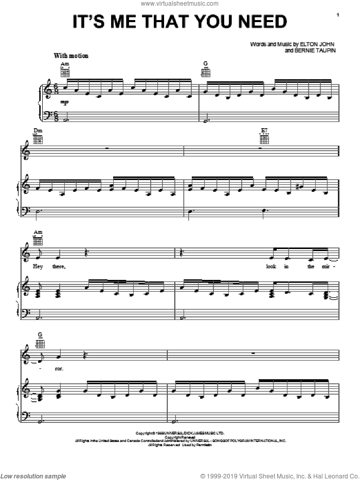 It's Me That You Need sheet music for voice, piano or guitar by Elton John and Bernie Taupin, intermediate skill level