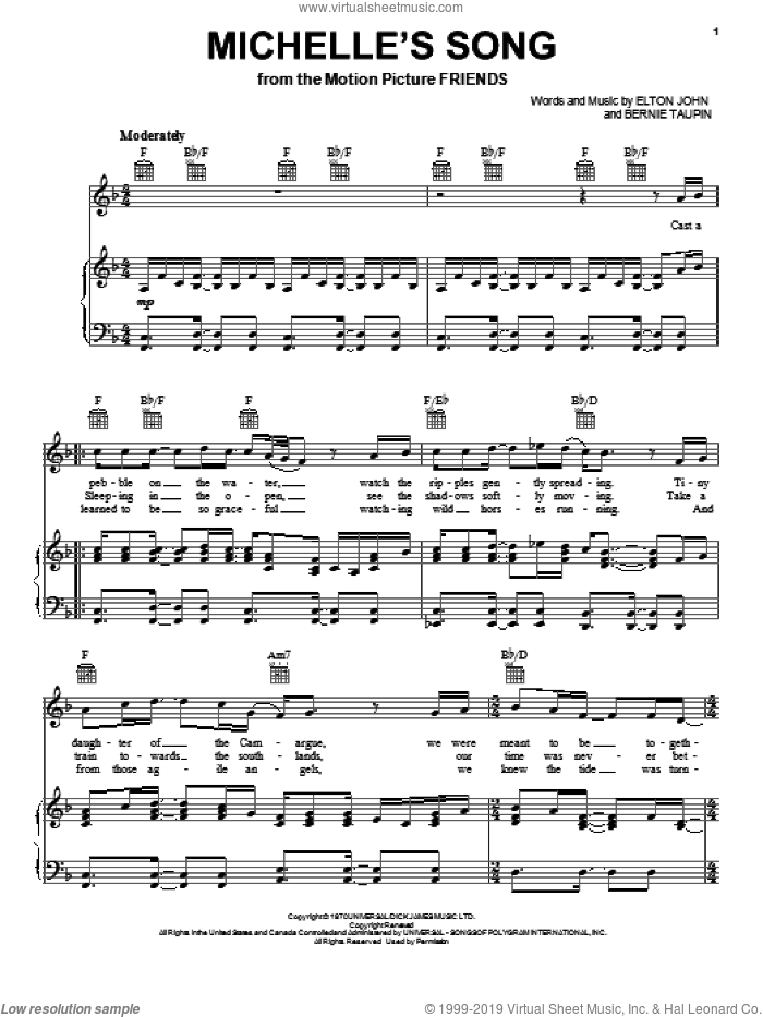 Michelle's Song sheet music for voice, piano or guitar by Elton John and Bernie Taupin, intermediate skill level
